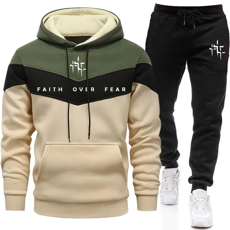 Winter Clothing Pants - ชุดวอร์มผู้ชาย Faith Over Fear เสื้อฮู้ดและกางเกงจ็อกเกอร์ แฟชั่นสไตล์เมือง