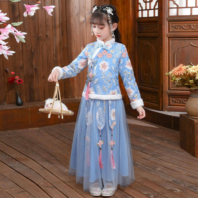 Winter Clothing Baby - Hanfu 2024ชุดเด็กผู้หญิงแบบโบราณชุดชุดจีนสีแดงสีชมพูเสื้อผ้าปีใหม่