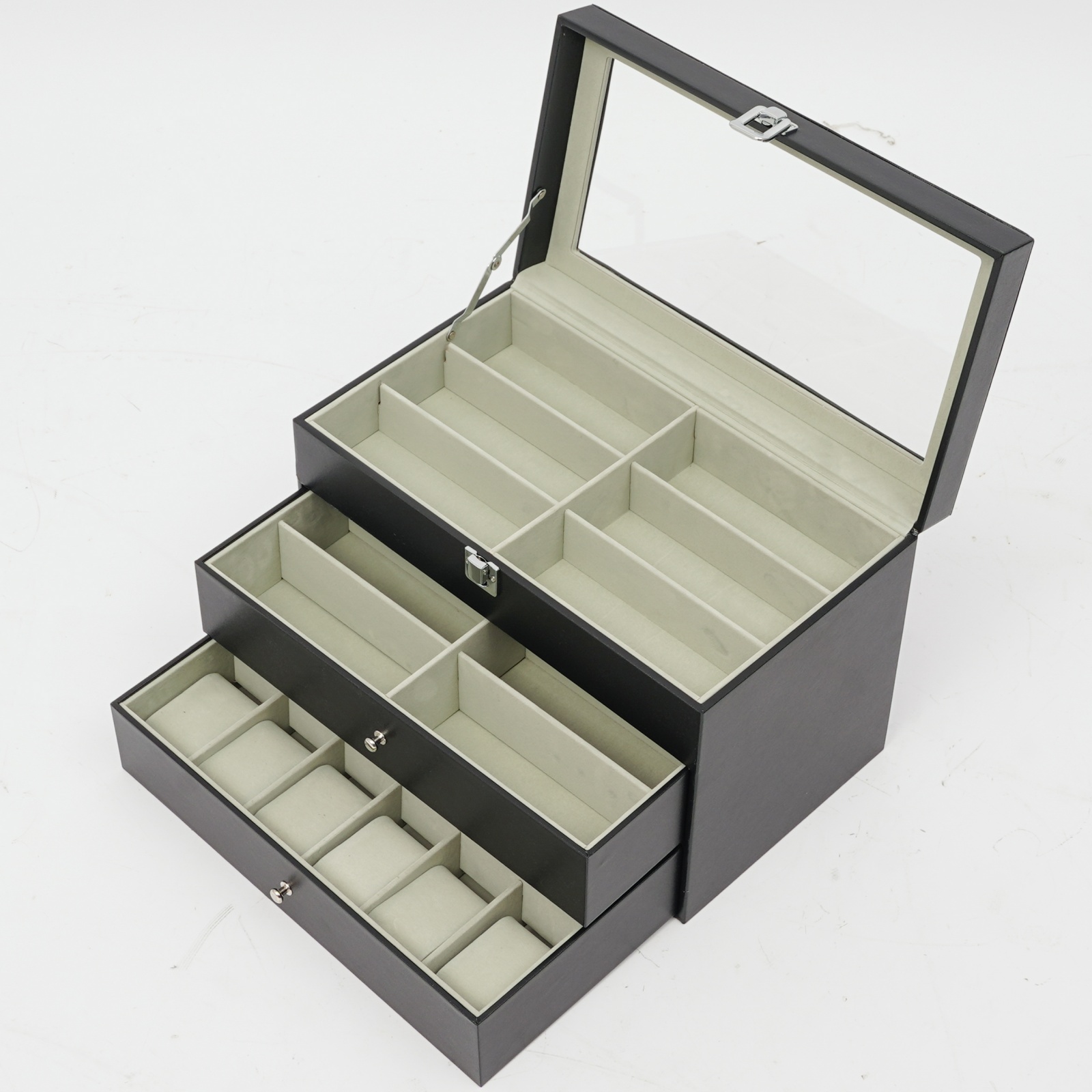 Winter Clothing Organizer - กล่องเก็บนาฬิกาและแว่นตา กล่องโชว์นาฬิกาขนาดใหญ่พร้อมฝาแก้ว กล่องเก็บนาฬิกาและแว่นตาป้องกันการกัดกร่อน ปราศจากกลิ่น พร้อมการป้องกันด้วยผ้าฟลีซเนื้อนุ่ม ขอบเรียบไม่มีรอยคม