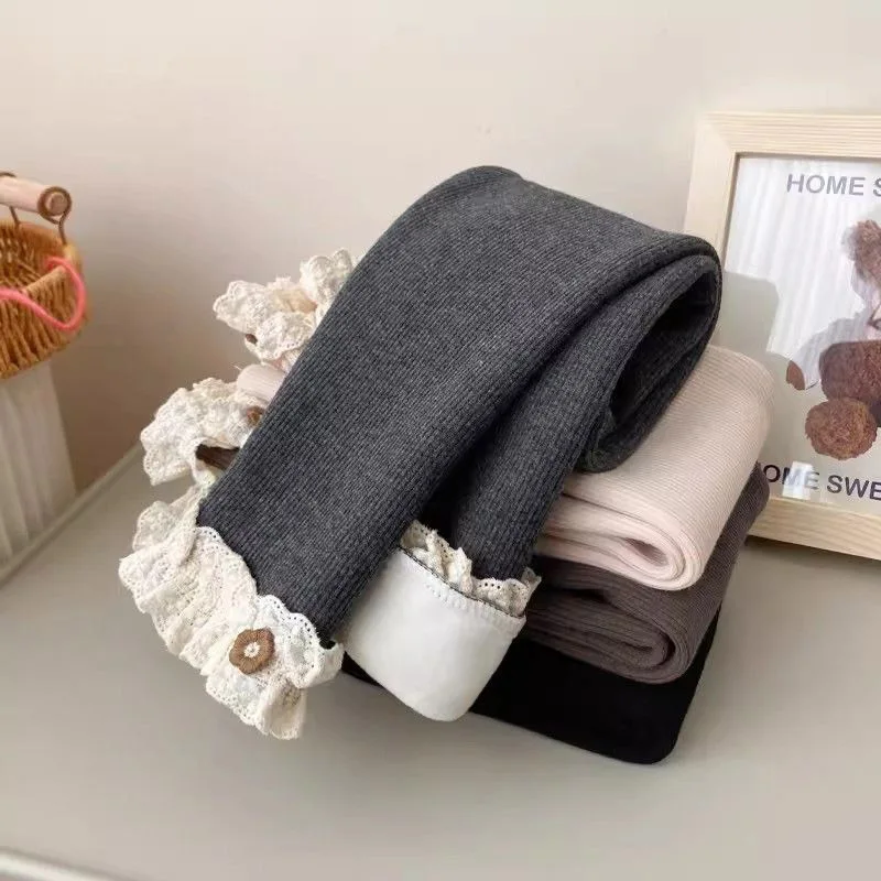 Winter Clothing For Toddlers - กางเกงเลกกิ้งเด็กผู้หญิงบุขนแกะสำหรับฤดูหนาว แต่งระบาย ยืดหยุ่น สไตล์เกาหลี น่ารัก