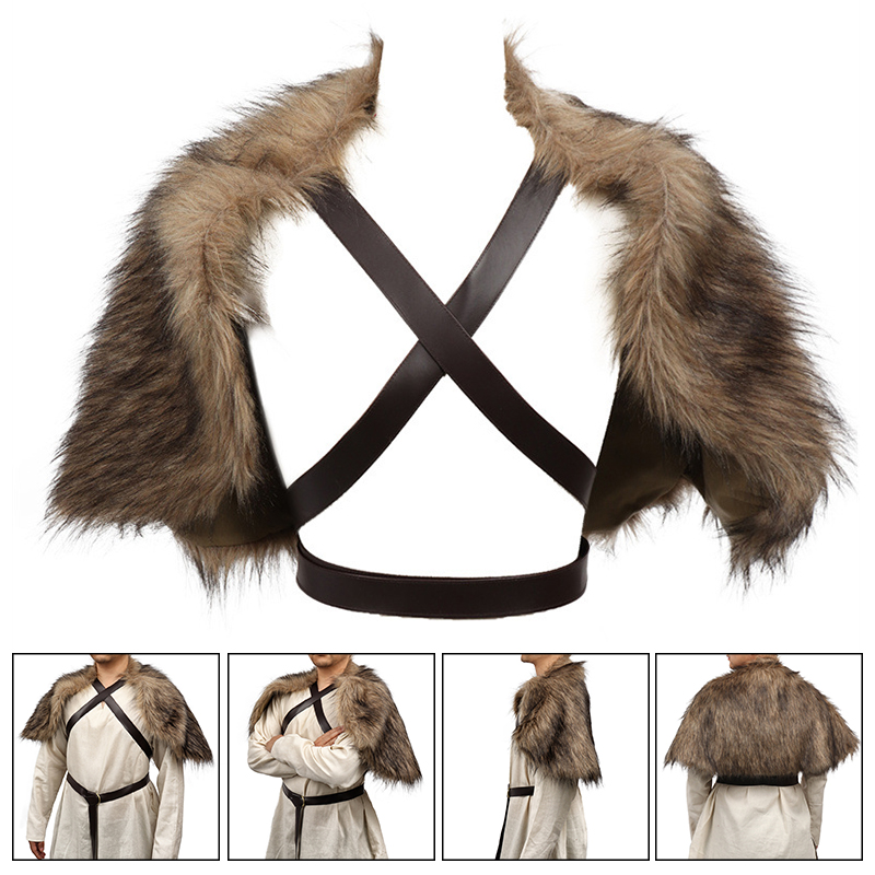 Winter Clothing Accessories - เสื้อคลุมไวกิ้ง คอขนสัตว์เทียม เสื้อคลุมยุคกลาง เสื้อผ้าฤดูหนาว ผ้าคลุมไหล่สำหรับกษัตริย์นักรบ พร้อมสายรัดหน้าอก