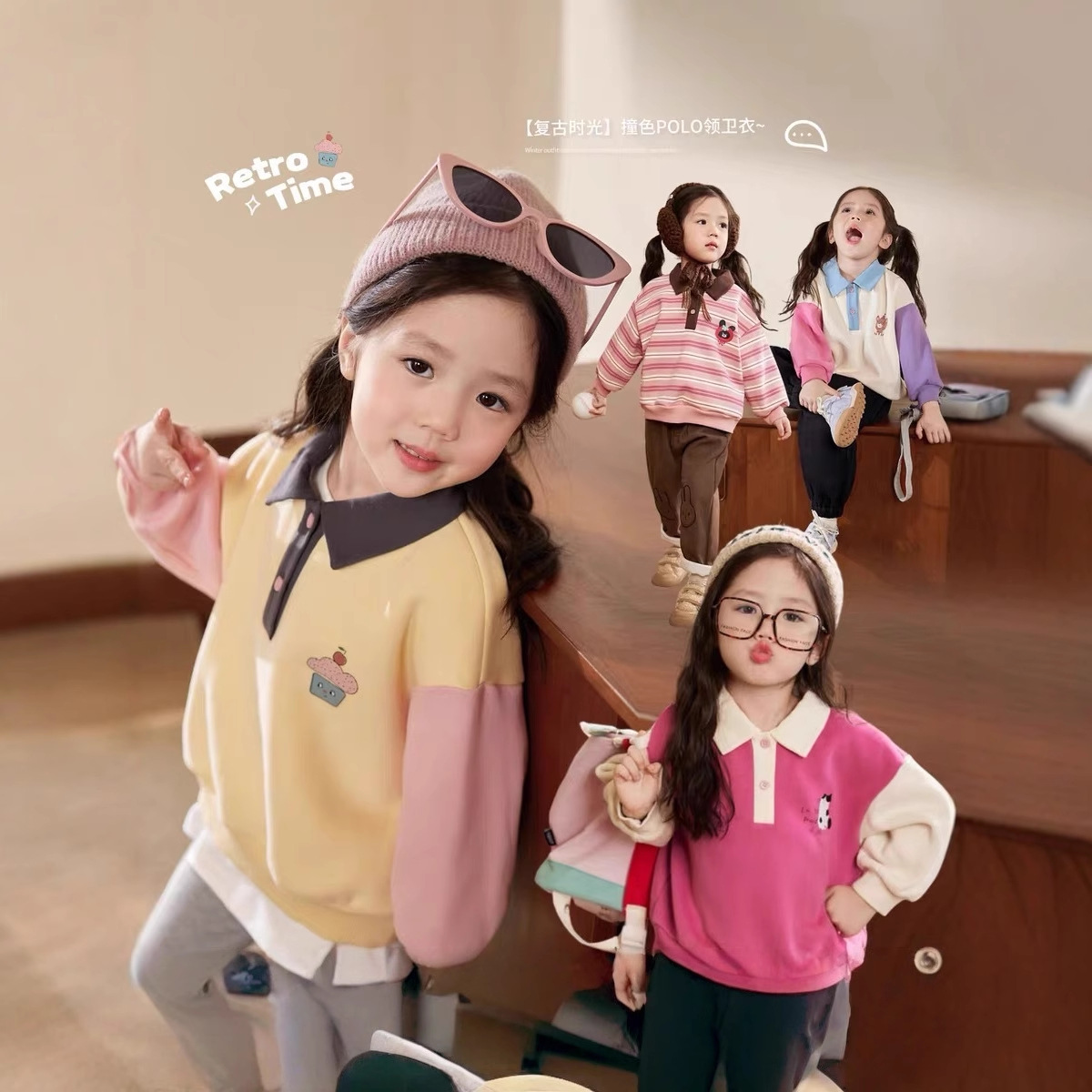 Winter Clothing Baby - เสื้อฮู้ดดี้คอโปโลสำหรับเด็กและผู้หญิง สีตัดกัน แฟชั่นฤดูหนาว 2025 เสื้อแขนยาวผ้าพลัฌนุ่ม สไตล์ทันสมัย