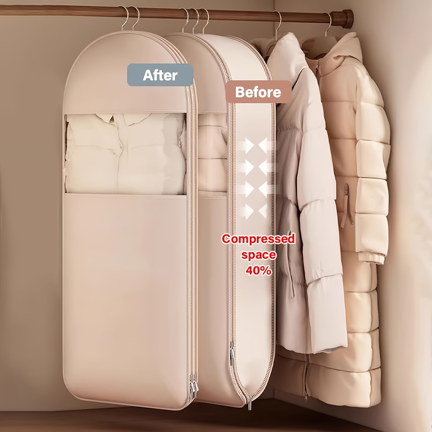 Winter Clothing Organizer - ถุงแขวนแบบบีบอัดสีเบจ ประหยัดพื้นที่ 40% ซีลสูญญากาศ โปร่งใส พร้อมซิปทนทานสำหรับเสื้อผ้าฤดูหนาว