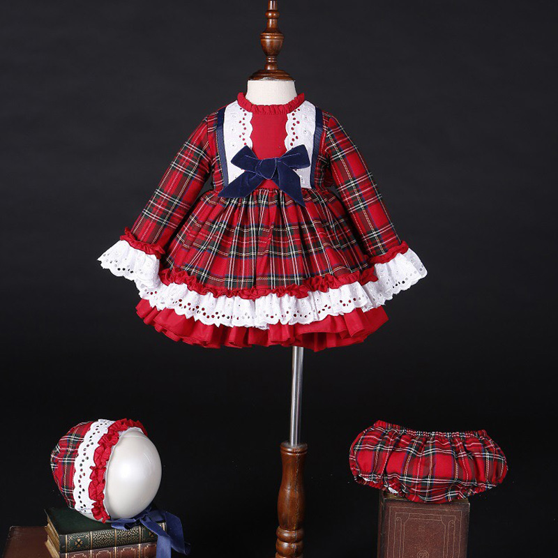 Winter Clothing Baby - เด็กผู้หญิงฤดูใบไม้ร่วงฤดูหนาวคริสต์มาสลายสก๊อตสีแดงวินเทจสเปนปอมปอมบอลชุดเจ้าหญิงผ้าฝ้ายโลลิต้าเสื้อผ้าปาร์ตี้หมวกกางเกง C5