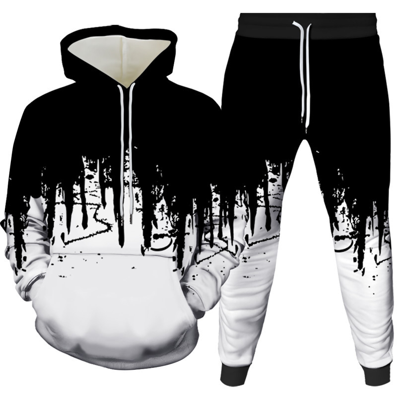 Winter Clothing Pants - ชุดเซ็ตเสื้อฮู้ดดี้และกางเกงขายาวพิมพ์ลายภาพวาดสีน้ำแบบ 3 มิติ แฟชั่นลำลองสำหรับผู้ชาย เสื้อสเวตเชิ้ต กางเกงสเวตแพนท์
